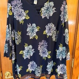 Catherines Floral V-Neck Bell Sleeve Top in Navy
